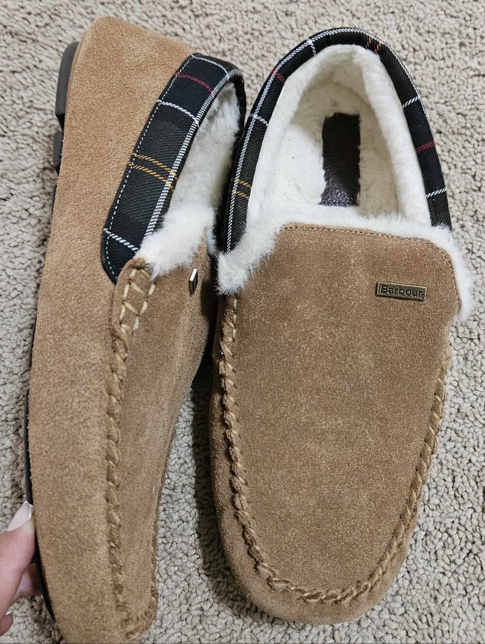Barbour Men's Tan Suede Shearling-Lined Slip-On Slippers
